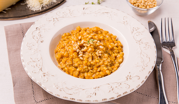 Pumpkin Orsotto (Pearl Barley Risotto) with Brinsen Cheese and Cedar Nuts